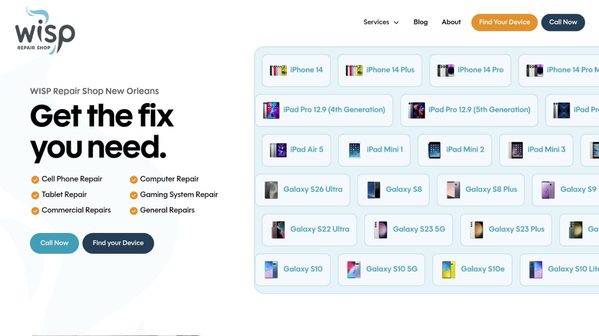 Wisp Electronics Repair website homepage